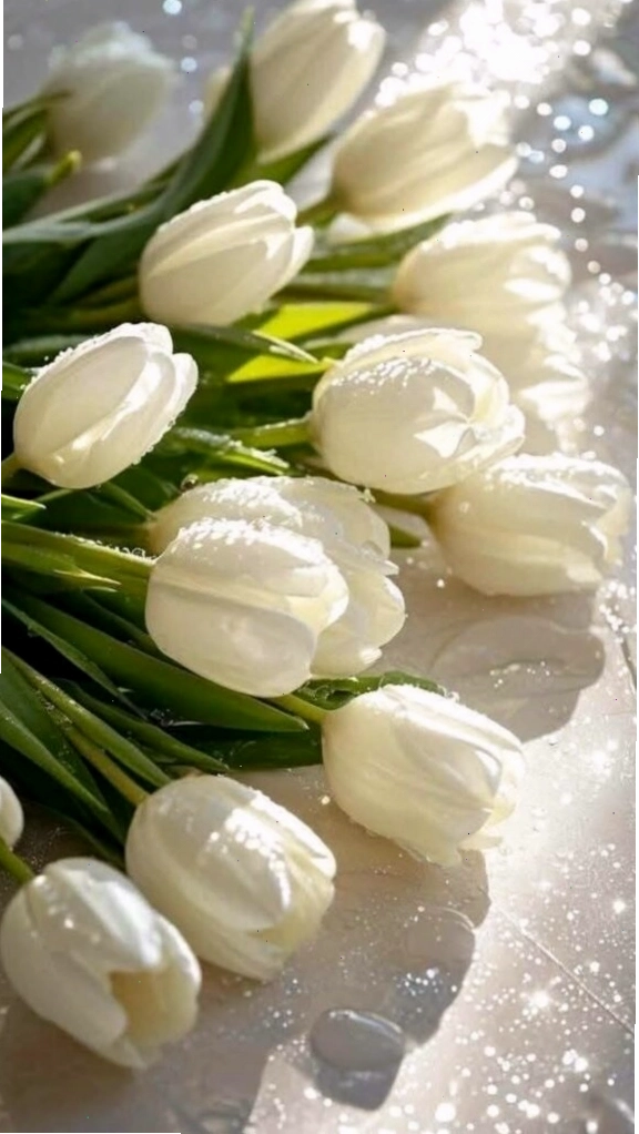 Vườn hoa tulip trắng bạt ngàn dưới ánh nắng